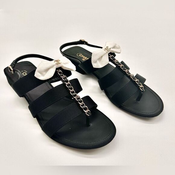 Chanel Interlocking CC Logo Grosgrain Chain Bow Black Sandals EU 37.5 US 6.5-7 - Picture 2 of 13